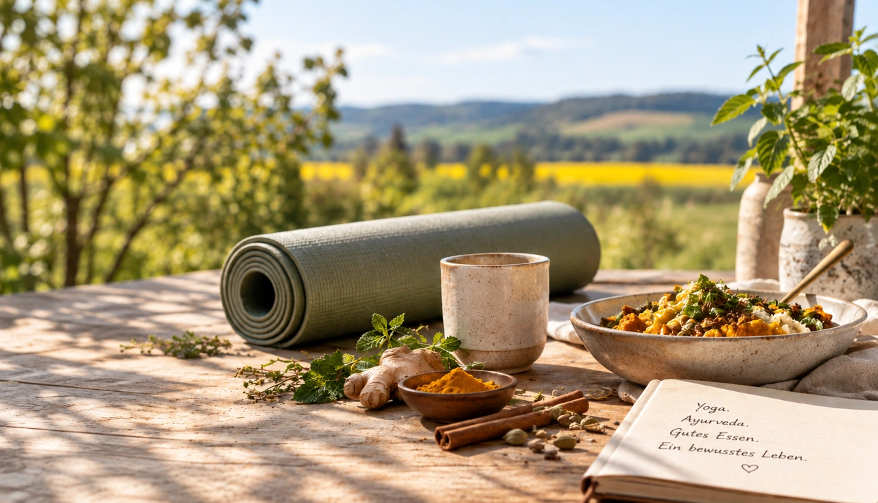 Yogamatte, Tee, Gewürze und eine Schale mit Essen auf einer sonnigen Terrasse mit Blick ins Grüne