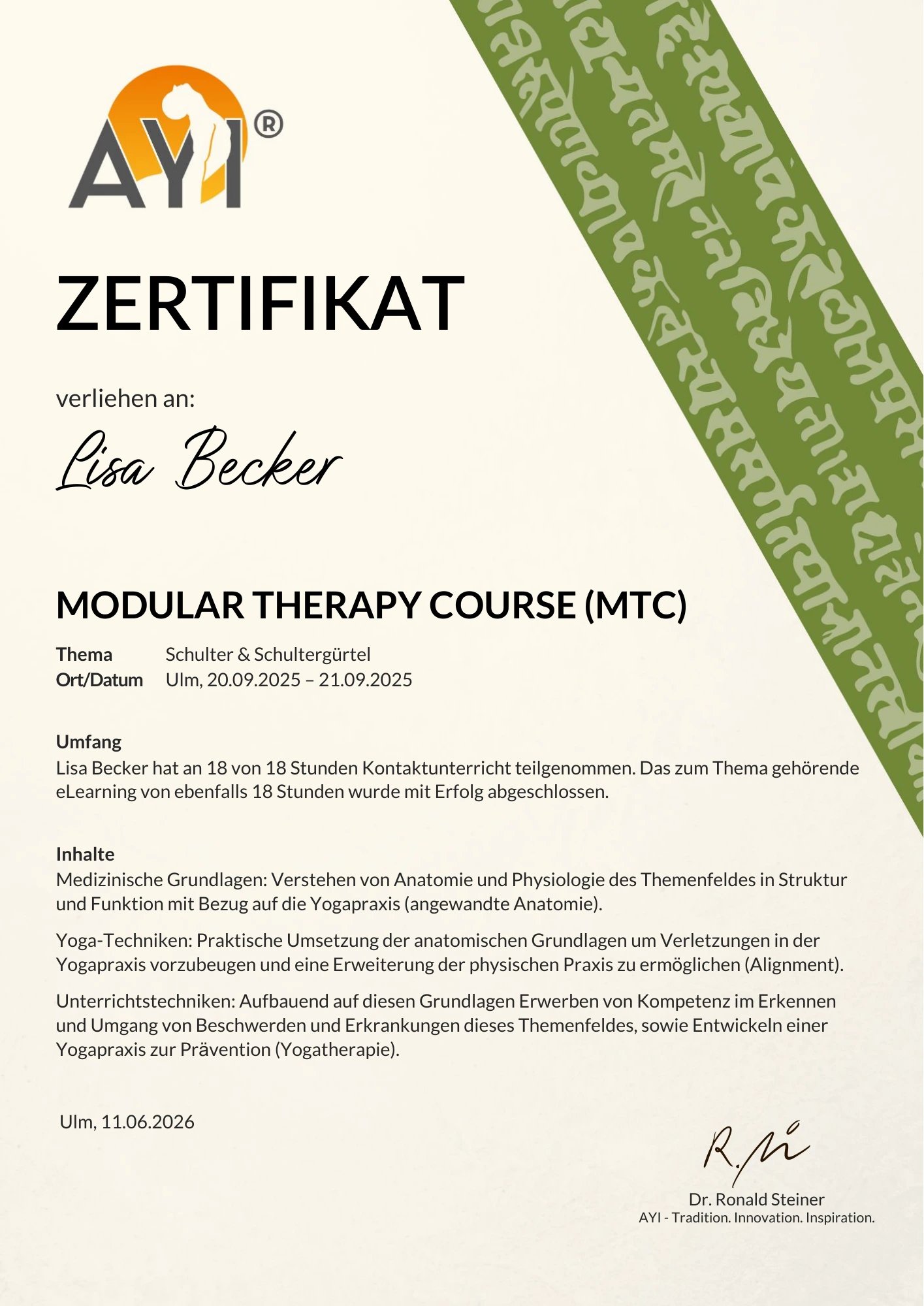 Zertifikat von Lisa Becker zum AYI-Modul Schulter und Schultergürtel