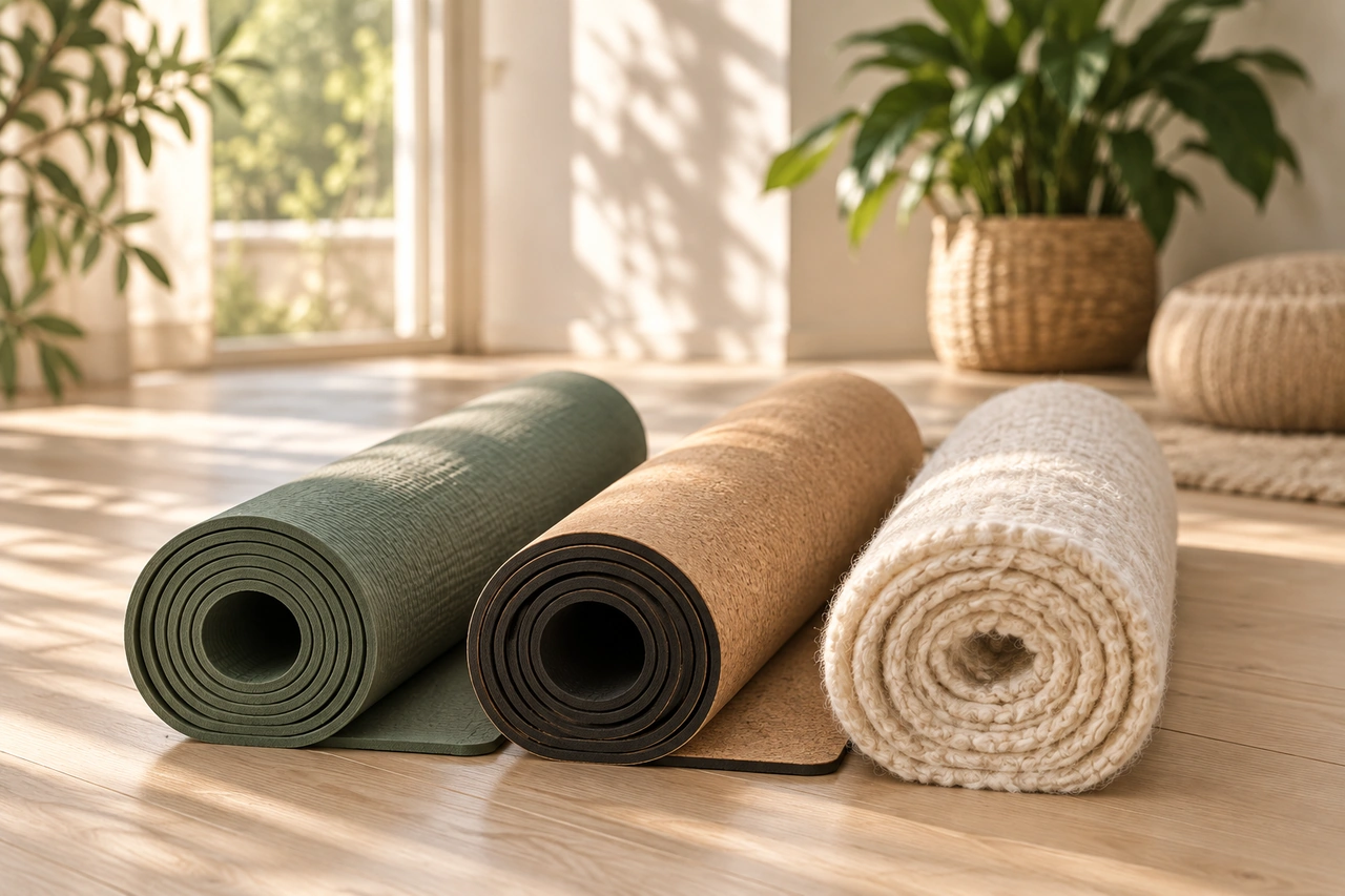 Illustration: Yogamatten in Salbeigrün, Kork und heller Wolle
