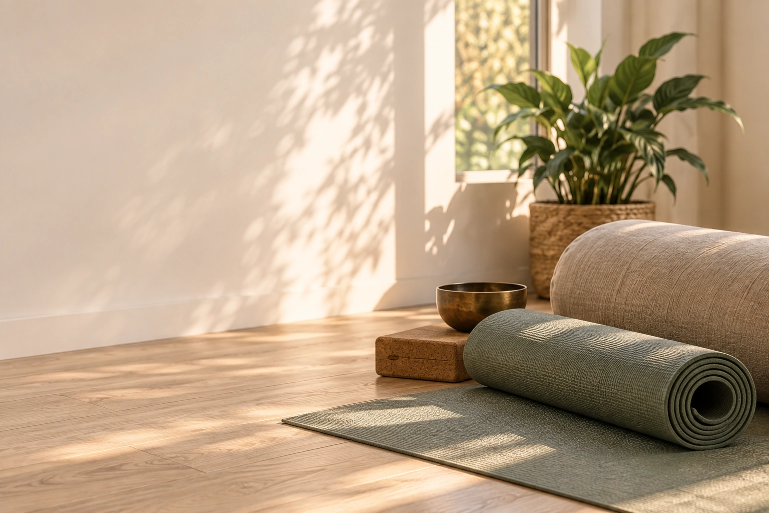 Illustration: Yogamatte, Bolster und Korkblöcke im warmen Sonnenlicht
