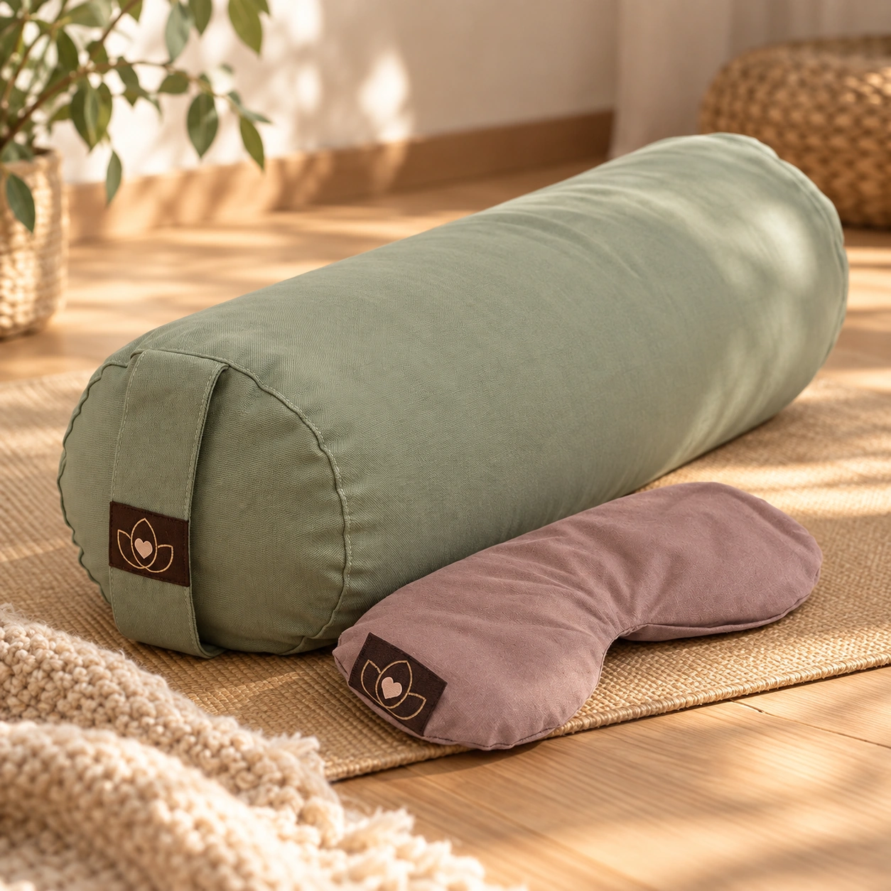Salbeigrünes Yoga-Bolster und mauvefarbenes Augenkissen auf einer Naturfasermatte